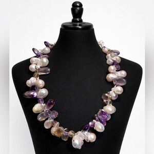 Baroque freshwater pearl necklace with amethyst like beads (not tested). L 18.5”